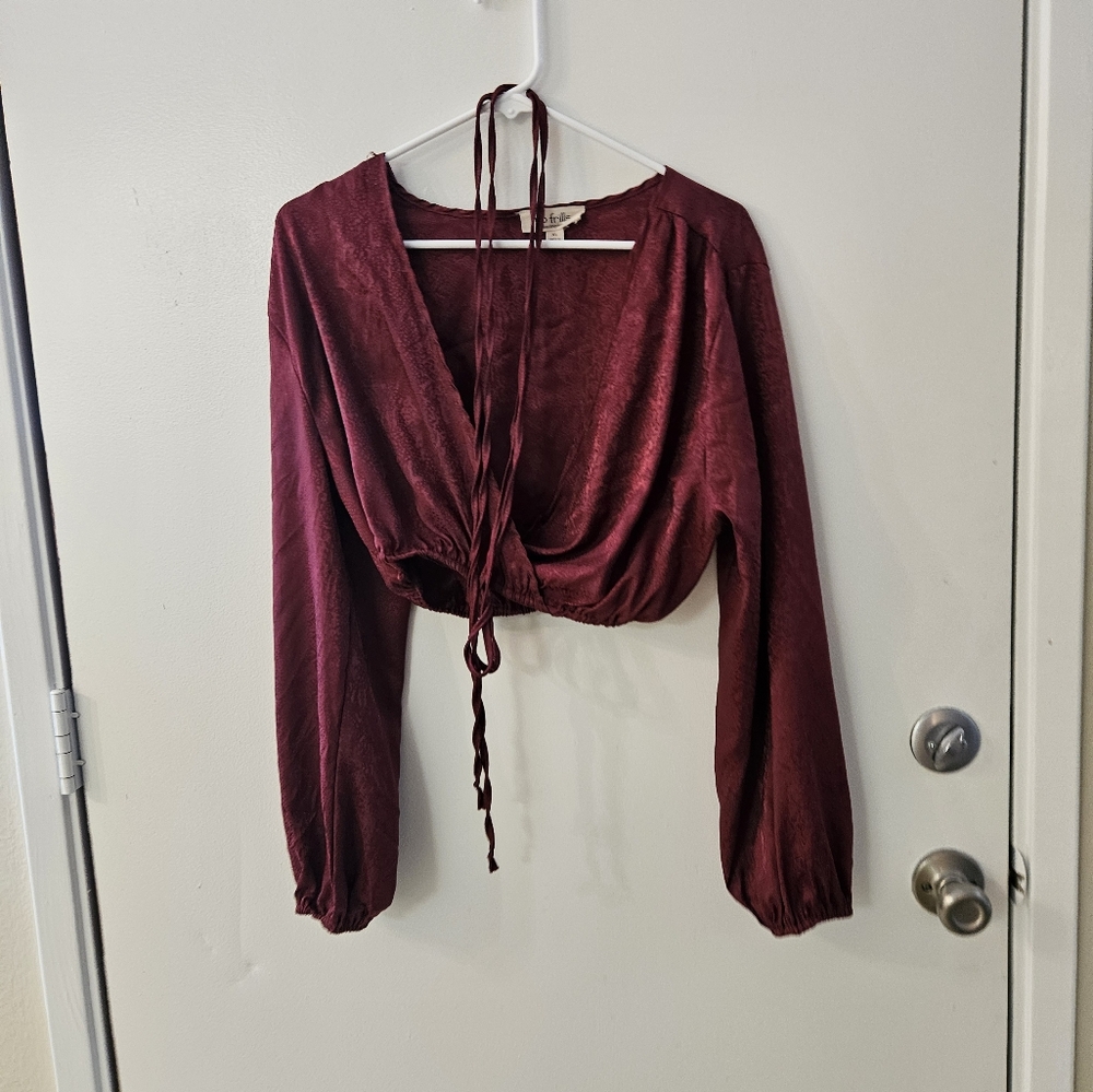 No Frills Burgundy Women's Long Sleeve Crop Top